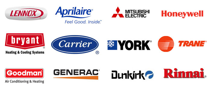 HVAC Company Logos - Lennox, Aprilaire, Mitsubishi Electric, Honeywell, Bryant, Carroer, York, Trane, Goodman, Generac, Dunkirk, Rinnai